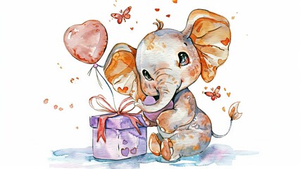 Sticker -   Watercolor depiction of a calf elephant with gift box & heart-shaped balloon on trunk