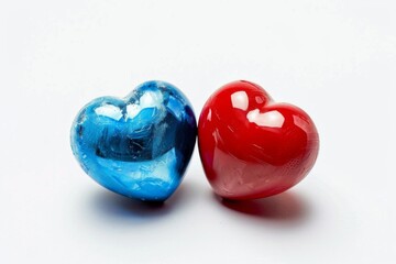 Two glossy hearts in blue and red closeup on white background