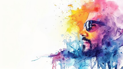 Watercolor portrait of man with sunglasses in vibrant colors. Bearded guy with colorful splashes. Concept of fashion, relaxation, vibrant lifestyle, leisure, summer vacation, parties. Space for text