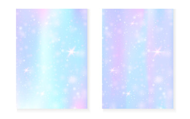 Wall Mural - Magic background with princess rainbow gradient. Kawaii unicorn hologram. Holographic fairy set. Spectrum fantasy cover. Magic background with sparkles and stars for cute girl party invitation.