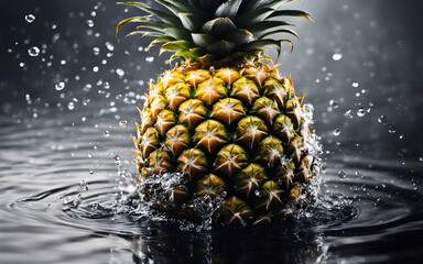 Pineapple splashed with water droplets, close-up with a black blurred background