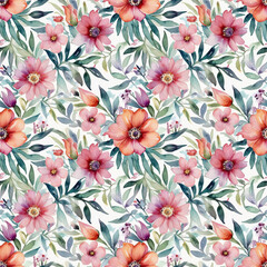 Wall Mural - watercolor seamless pattern with flowers, floral background