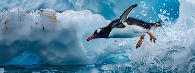 Penguin soaring above iceberg in ocean