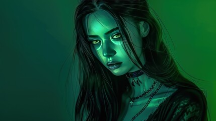 Wall Mural - Cool gothic anime style woman with dark hair in neon green Background wallpaper AI generated image