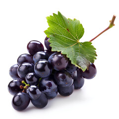 Wall Mural - Black grape, white background, realistic photography style, with leaves and fruit, single object.