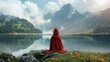 Mysterious woman in a red hooded cloak is in the mountains wallpaper AI generated image