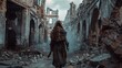 Medieval knight woman with long hair looking at destroyed building wallpaper AI generated image