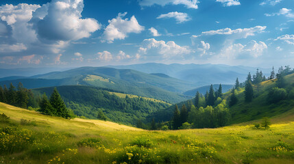 Wall Mural - mountainous carpathian countryside scenery in summer. forested hills behid grassy alpine meadow beneath a blue sky with fluffy couds. summer vacations in highlands of ukraine