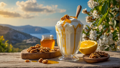 Wall Mural - Greek yogurt with walnuts and honey stylish