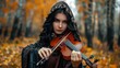 Mysterious woman wearing a black hood and playing the violin in the forest wallpaper AI generated image