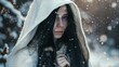 Style of a beautiful woman with a white hooded robe and black hair in winter wallpaper AI generated image
