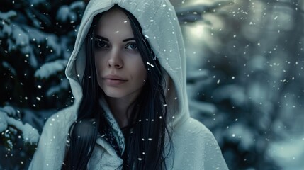 Wall Mural - Style of a beautiful woman with a white hooded robe and black hair in winter wallpaper AI generated image