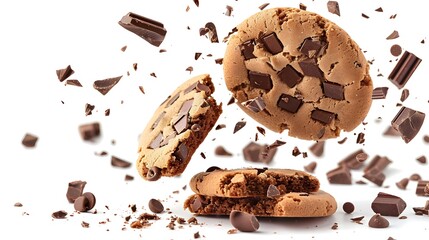 Cookies chocolate falling with choc flake in the air isolated on transparent background, dessert sweet concept, piece of dark biscuit.
