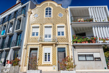 Sticker - Buildings on Praca do Peixe - Fish Square on Old Town of Aveiro city in Portugal