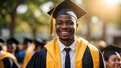 Happiness black man in university graduate. Ai Generative.
