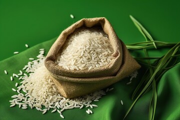 Poster - rice in an open white sack on green background Generative AI