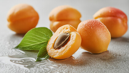 Wall Mural - Fresh apricots with leaves on wet surface. Tasty fruit. Organic and healthy. Gray background.