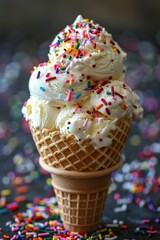 Poster - whimsical ice cream cones, a playful twist on a traditional treat cottage cheese ice cream scoops in a cone topped with vibrant sprinkles for a whimsical touch