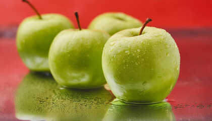 Wall Mural - Fresh green apples on wet surface. Tasty citrus fruit. Organic and healthy. Red background.