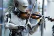 Futuristic robot playing a violin on stage and enjoying the music