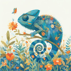 Wall Mural - Charming and Vivid Chameleon on Branch with Flowers for a Magical, Storybook Atmosphere