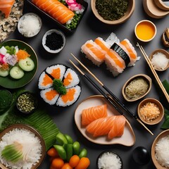 Sticker - japanese food arranged in bowls on a table with chop sticks