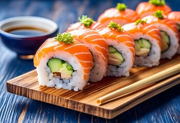 Sticker - close up of a wooden tray with sushi on it