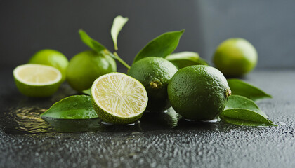 Wall Mural - Fresh limes with leaves on wet surface. Tasty citrus fruit. Organic and healthy. Black background