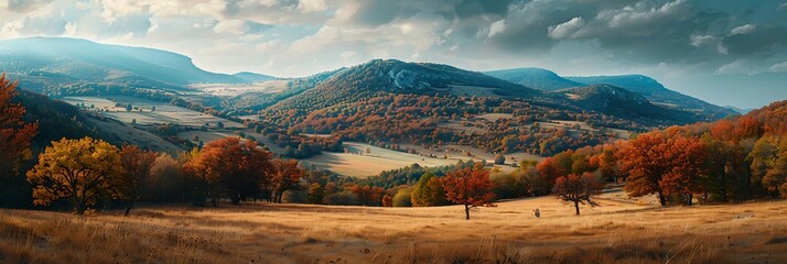 Wall Mural - Landscape on the Lignon plateau in the Ardèche region of France in autumn realistic nature and landscape