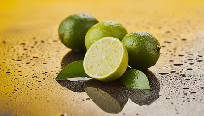 Wall Mural - Fresh limes with leaves on wet surface. Tasty citrus fruit. Organic and healthy. Yellow background
