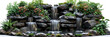 Water Feature on Transparent Background,
Tranquil Nature Scene with Flowing Stream Green Foliage and White Wildflowers in a Serene Park
