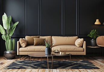 Modern living room interior with a beige leather sofa and black wall mockup, coffee table, cactus plant, wooden floor, dining area in the background
