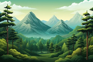 Canvas Print - Beautiful landscape with mountains, forest and lake.