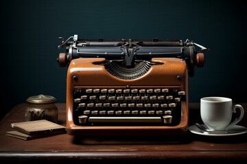 Classic typewriter, coffee cup, and ink pot staged on a wooden surface against a dark background