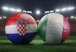 Two soccer balls in flags colors on a stadium blurred background. Group B. Croatia and Italy. 3D image.