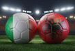 Two soccer balls in flags colors on a stadium blurred background. Group B. Italy and Albania. 3D image.
