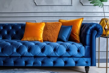 Wall Mural - Sofa with orange and blue pillows in modern living room