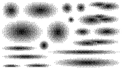 Pixel art halftone shadows and circles set, round pixel gradients. Retro game elements. Radial decay effect. Mosaic textures. Dither Gradient. Vector illustration.