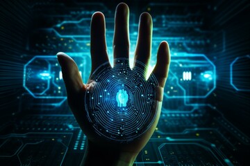 Wall Mural - hand with a glowing digital fingerprint pattern against a cyber data background