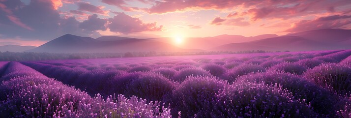 Wall Mural - Lavender field at sunset realistic nature and landscape