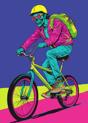 Zombie Biking. A skeleton wearing a pink jacket and blue jeans rides a bike.