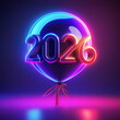 2026 symbol balloon, with ribbon tie, neon art, illustration.