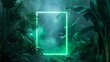 © Pastel King - Green neon frame standing in the middle of tropical jungle passage, moody green light