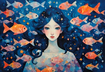Wall Mural - AI generated illustration of A young girl with long hair adorned with fishes