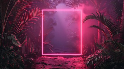 Wall Mural - Pink neon frame standing in the middle of tropical jungle passage, moody pink light