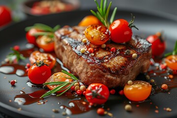 Wall Mural - Grilled steak garnished with rosemary, cherry tomatoes, and spices on a black plate