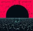 Retrofuturistic pixel art illustration depicting a human crowd standing against a rising black sun. Сonceptual representation of a dystopian future.