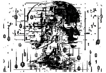 Aufkleber - Two human faces emerging from black-and-white pixel noise. A vector illustration questioning the relations beetween people and VR (virtual reality) technologies.