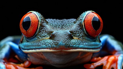 Wall Mural - A close up of a frog with red eyes and blue body, AI