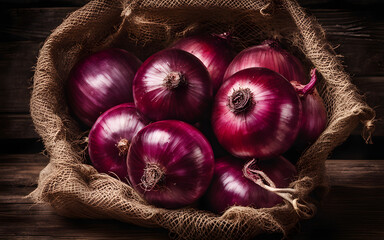 Wall Mural - Red onions in a mesh bag on an old wooden crate, vintage feel